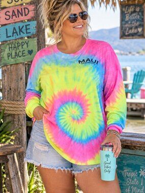 NWOT Destinations Tie-Dye Long Sleeve Maui Hawaii T-Shirt Swimsuit Coverup XL